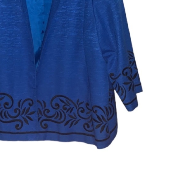 NEW Silk Land Blue Blazer Women's 3X Open Front 100% Silk Black Embroidered Trim - Picture 9 of 10